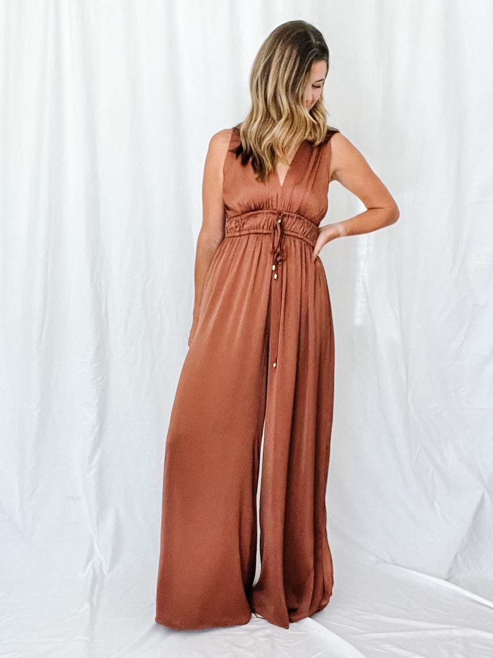 Mustard Seed Rust-Brown Wide Leg V-Neck Jumpsuit